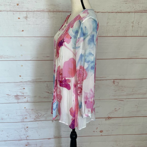 Soft Surroundings Women's Pink/Blue Floral Top Size Medium Tunic Tassel Ties - Picture 7 of 12